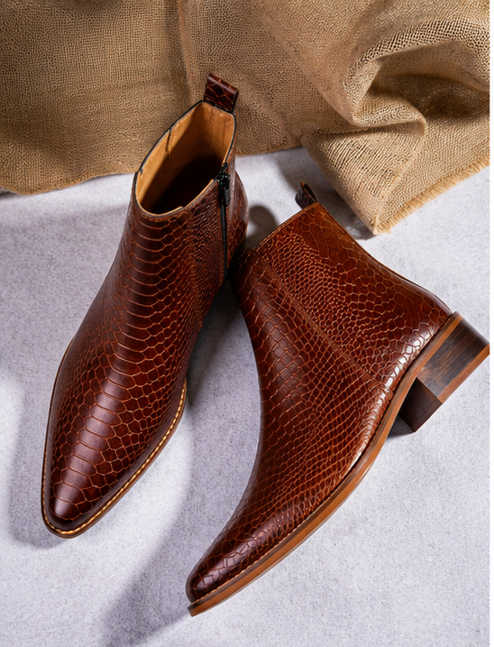 THE MAVERICK — Handcrafted Croco Leather Chelsea Boots (Cognac)