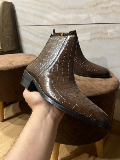 PREMIUM CROCO BOOTS / CUBAN HEEL - BROWN