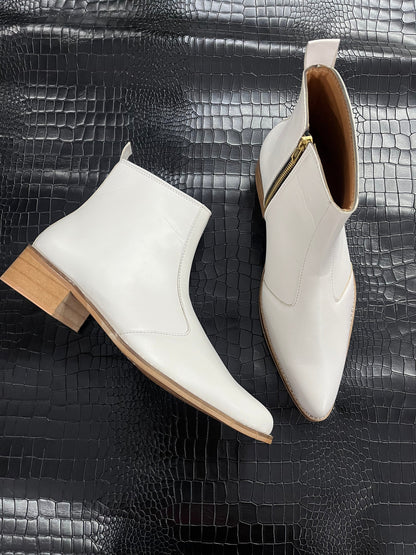 Pointed Toe Leather Boots - White