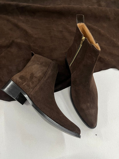 Premium suede leather boots/ Pointed Toe - Dark Brown