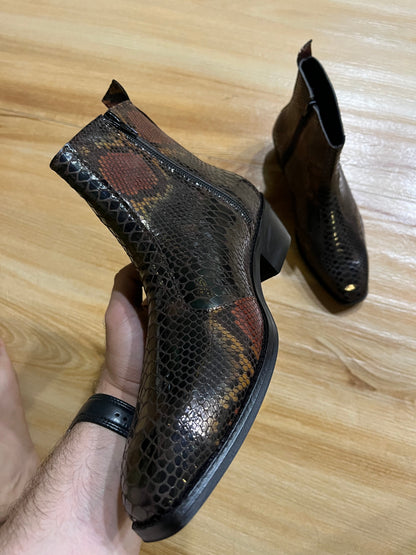 Exotic foil leather boots