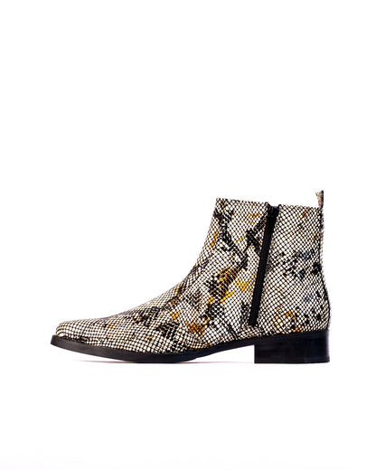 Exotic Foil Leather Boots - Pointed Toe ( White/ Black/Cream )