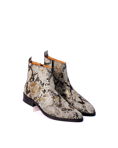 Exotic Foil Leather Boots - Pointed Toe ( White/ Black/Cream )