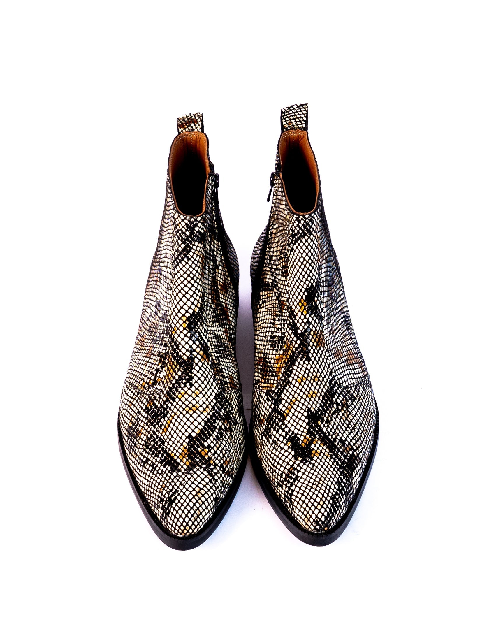 Exotic Foil Leather Boots - Pointed Toe ( White/ Black/Cream )