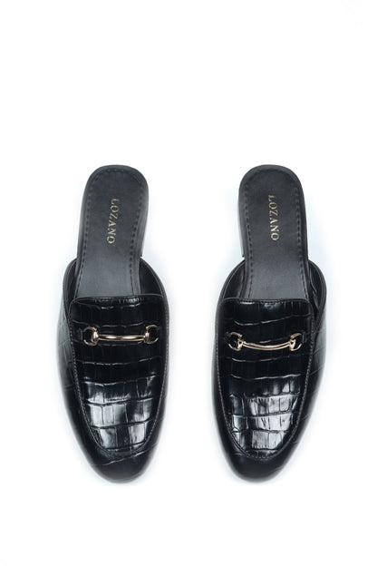 CROCO LEATHER MULES - BLACK