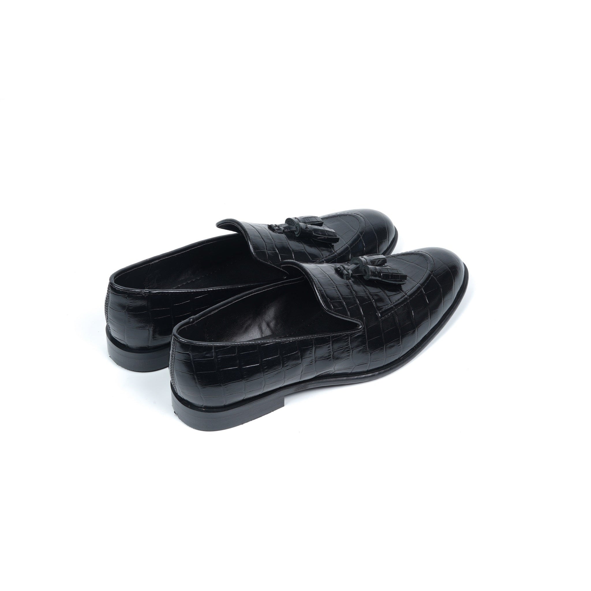 CROCO SLIP ONS WITH TASSELS - BLACK