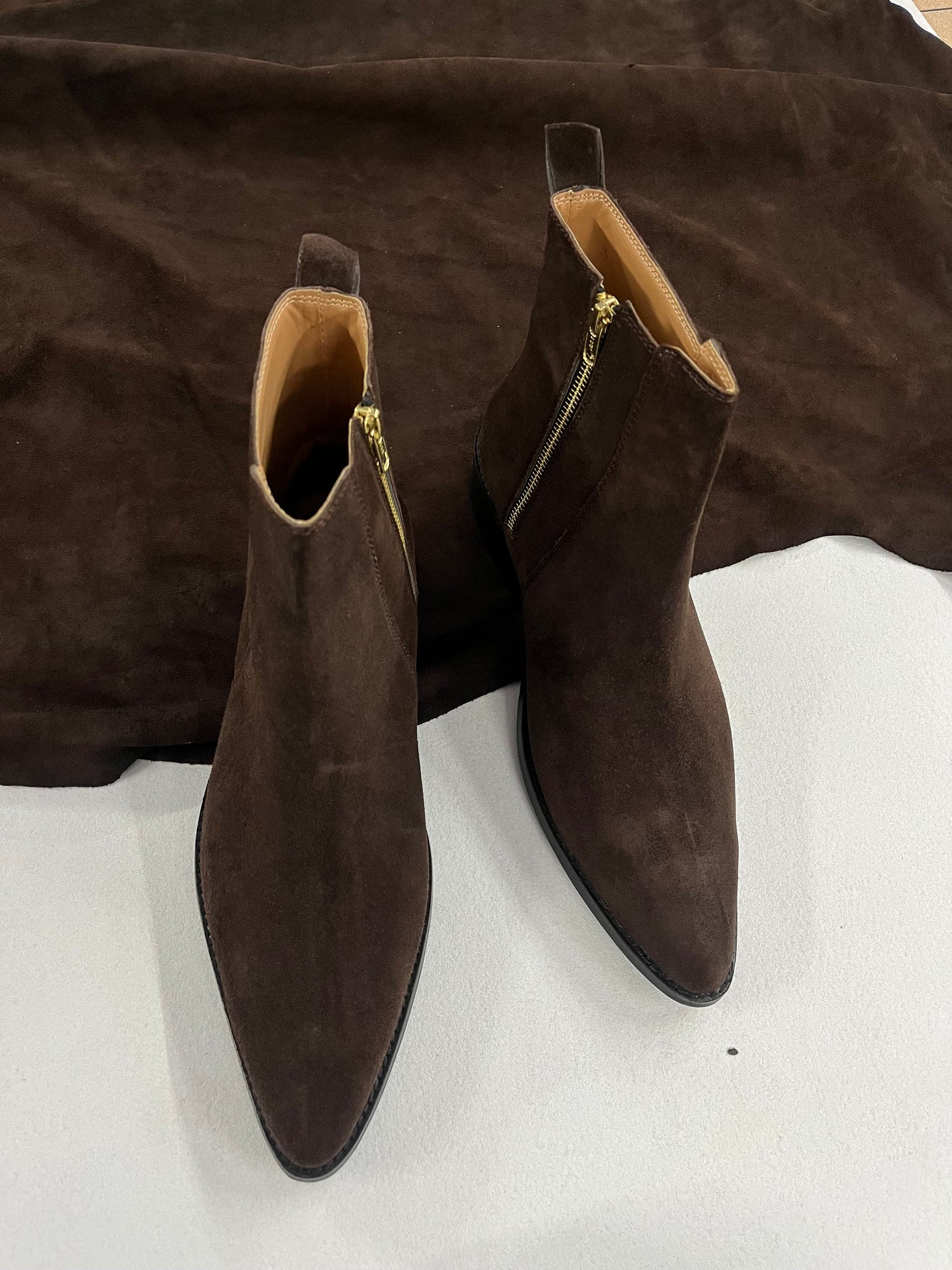 Premium suede leather boots/ Pointed Toe - Dark Brown