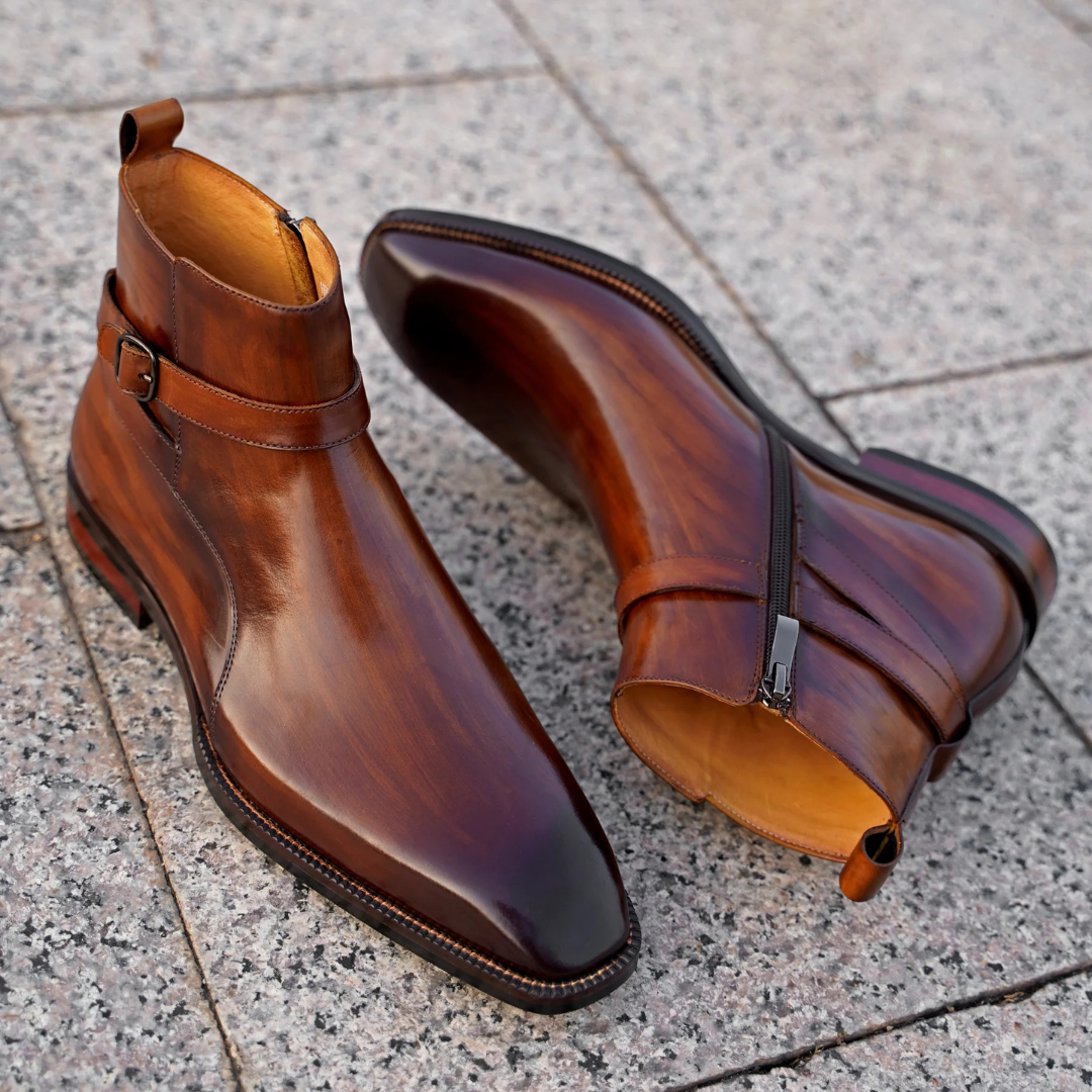 BROWN SQUARE TOE BELT BOOT WITH ZIP