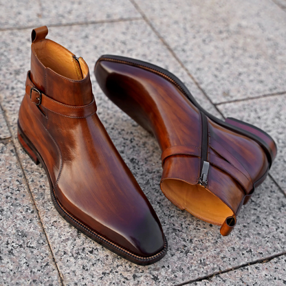 BROWN SQUARE TOE BELT BOOT WITH ZIP