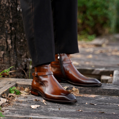BROWN SQUARE TOE BELT BOOT WITH ZIP