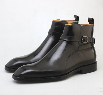 BLACK SQUARE TOE BELT BOOT WITH ZIP