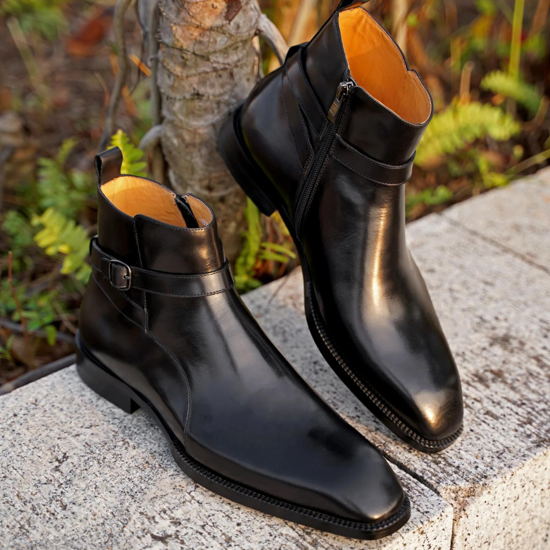 BLACK SQUARE TOE BELT BOOT WITH ZIP